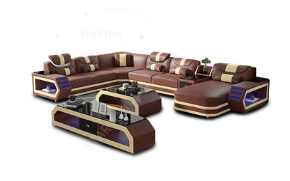 High Quality Luxury Design Leather Sectional Sofa Set with LED Light Genuine Leather Black Wholesale Living Room Furniture