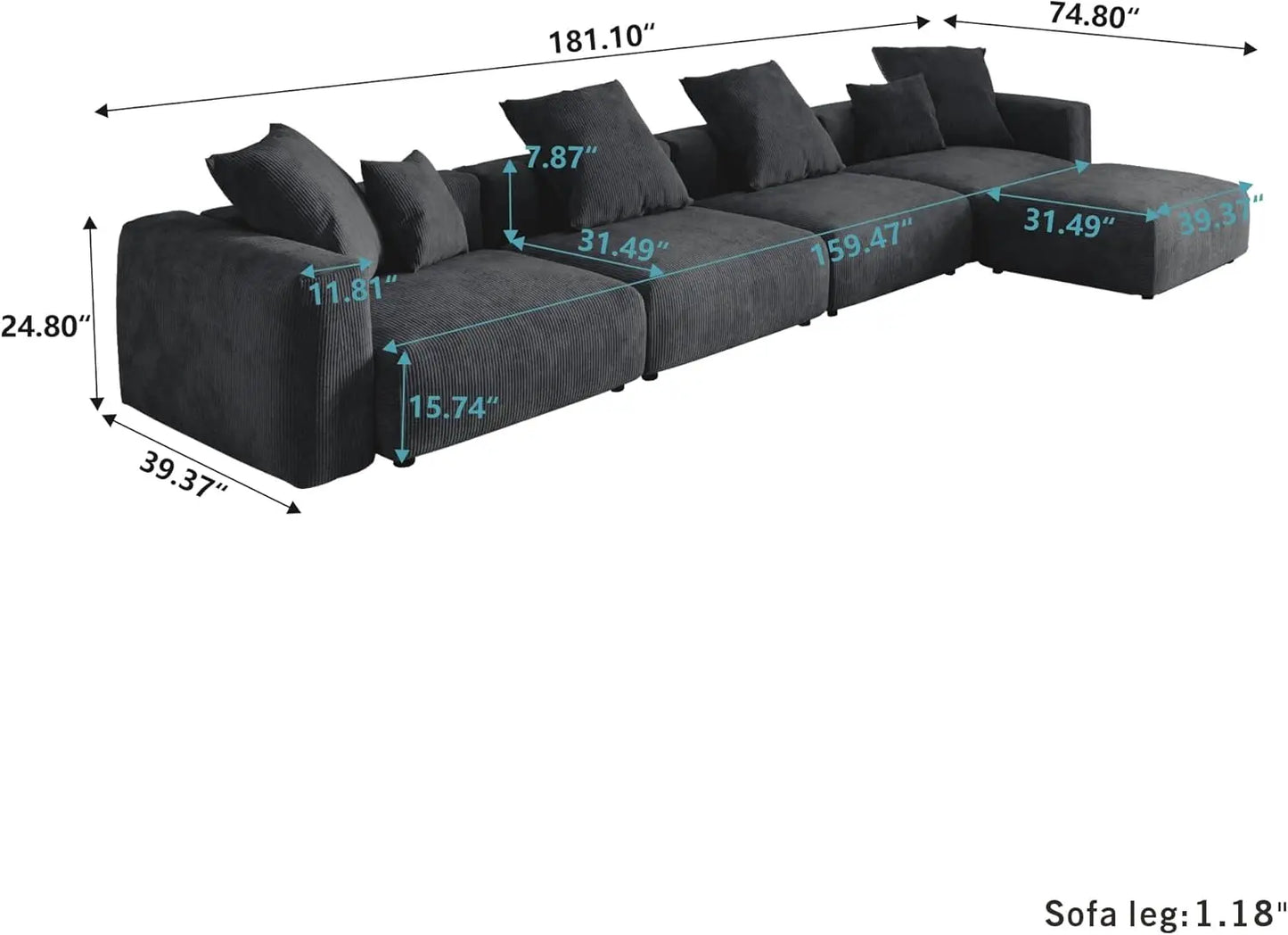 181" Oversized Compressed Sofa Boneless Couch Modular Sofas for Living Room Huge 4-Seats Sectional Couches with Chaise