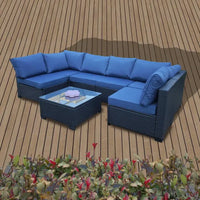 7-Piece Rattan Outdoor Furniture Set with Blue Cushions, Sofa Chairs and Table