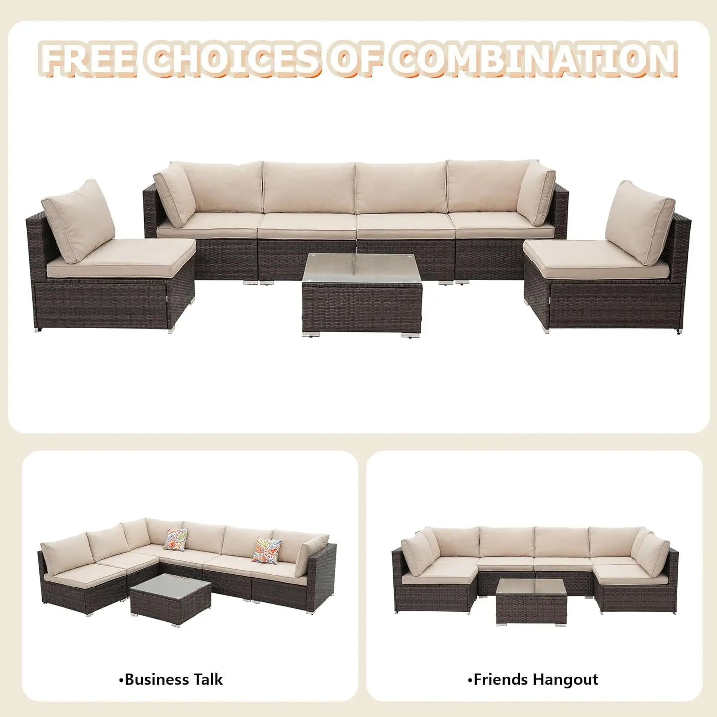 7 Pieces Patio Furniture Set - All-Weather Outdoor Wicker Sectional Conversation Sofa, Rattan Patio Seating Sofa, Customized