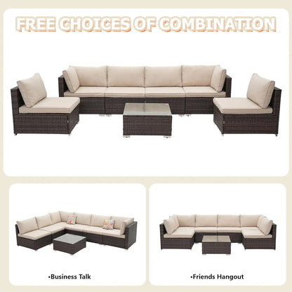 7 Pieces Patio Furniture Set - All-Weather Outdoor Wicker Sectional Conversation Sofa, Rattan Patio Seating Sofa, Customized
