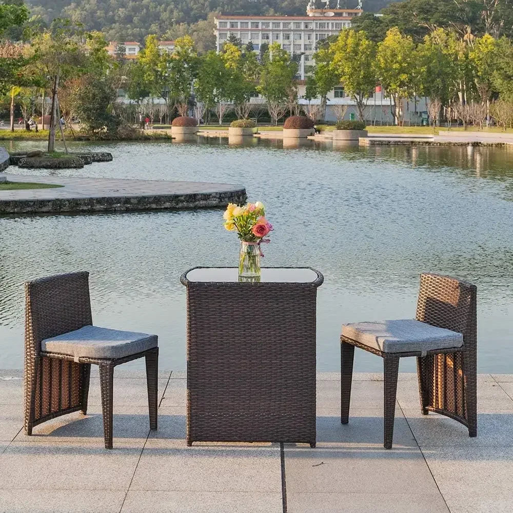 Hot Wicker Outdoor Patio Bistro Set Patio Furniture Set For Small Space With Glass Top Table Dining Chairs