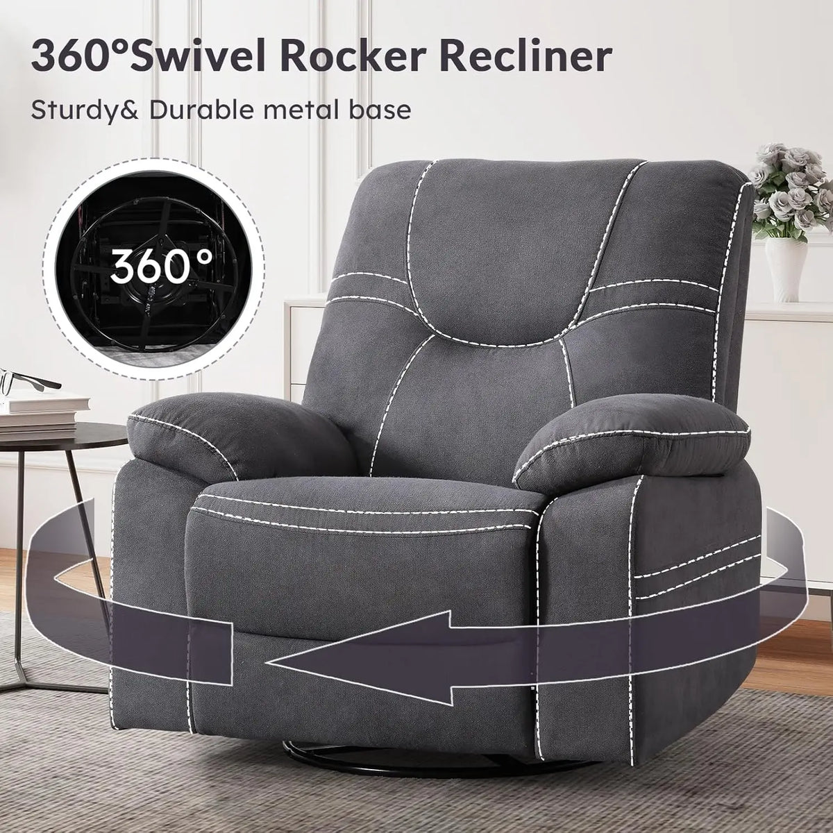 360° Swivel Rocker Recliner Chair For Adults, Manual RockingRecliner Chair With Overstuffed Backrest And Armrests,, Customized