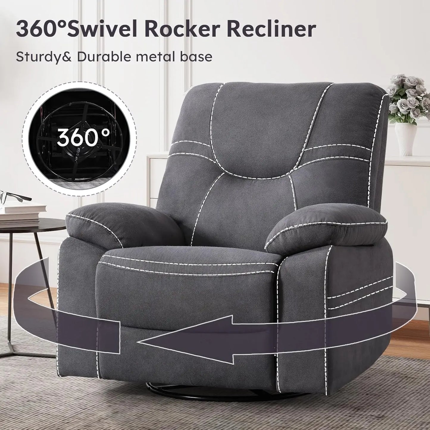 360° Swivel Rocker Recliner Chair For Adults, Manual RockingRecliner Chair With Overstuffed Backrest And Armrests,, Customized