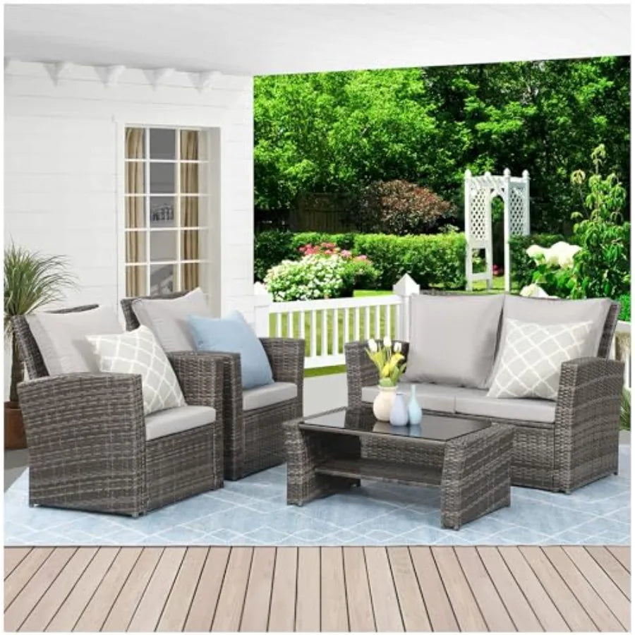 4 Piece Wicker Outdoor Patio Conversation Furniture Set with Cushion and Glass Table for AllWeather Use Ideal for Garden Deck a
