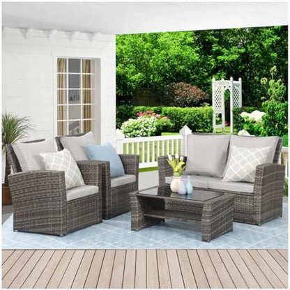 4 Piece Wicker Outdoor Patio Conversation Furniture Set with Cushion and Glass Table for AllWeather Use Ideal for Garden Deck a