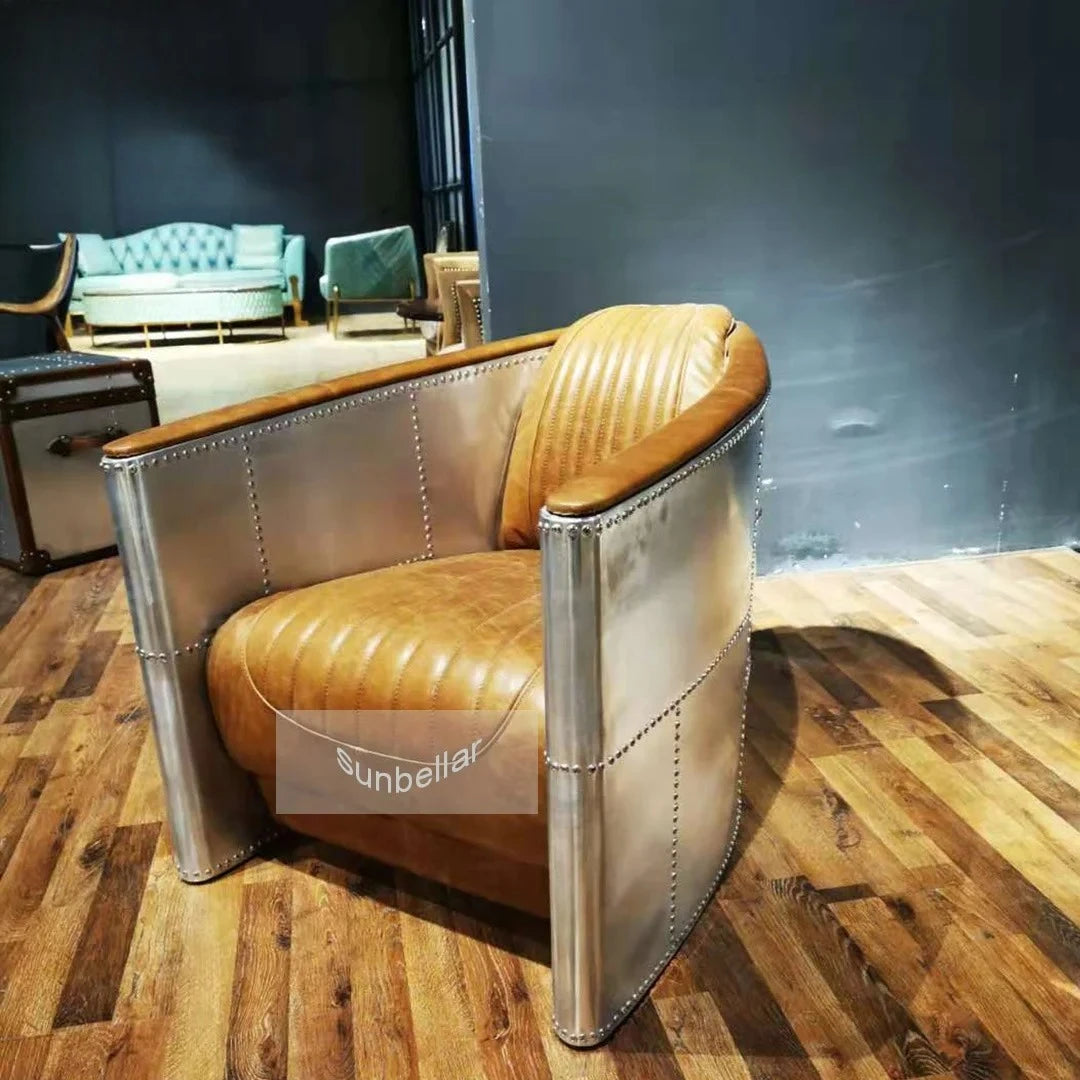 American Vintage Distressed Leather Armchair Hotel Sofa Accent Chair Aluminium Armrest Loft Aviation Chairs Aviation Furniture