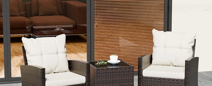 3 Pieces Patio Furniture Set 3 Pieces PE Rattan Wicker Chairs with Table Outdoor Furniture Brown Rattan with White Cushion