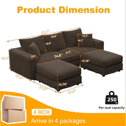 82.7" Plush Corduroy 3-Seat Sofa, Modern Comfy Upholstered Couch with Soft Pillows & 2 Ottomans, Convertible Lounge Chair for