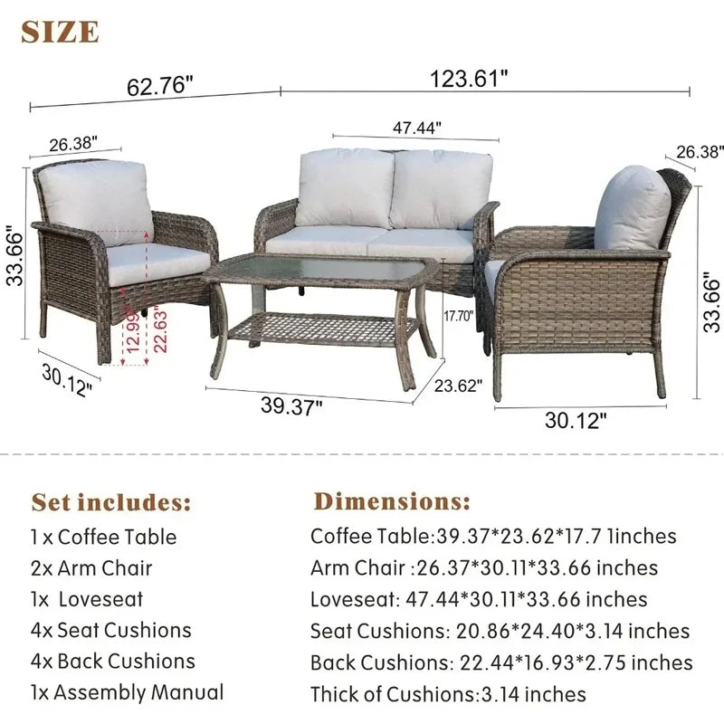All-Weather Wicker Outdoor Sofa Set with Loveseat, Chairs, and Coffee Table - Garden Furniture Set