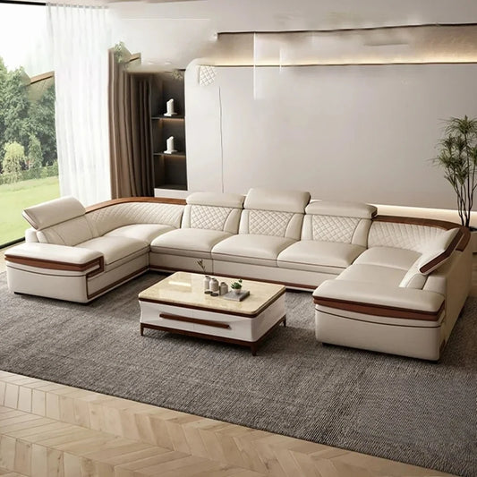 Customizable Premium Italian Genuine Leather Sofa Set for Living Room with Adjustable Headrests