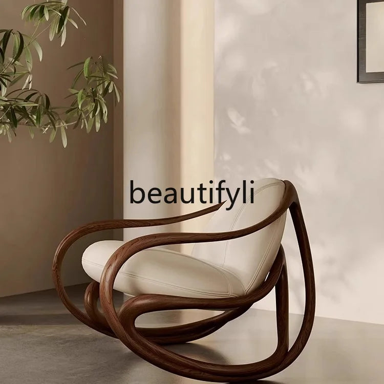 Italian leather sofa, solid wood black walnut balcony, leisure lounge chair, living room rocking chair