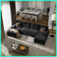 U-Shaped Sectional Sofa, Modular Convertible Couch with Double Chaise, 4-Seater for Living Room, Black