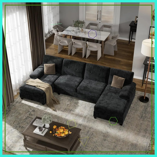 U-Shaped Sectional Sofa, Modular Convertible Couch with Double Chaise, 4-Seater for Living Room, Black