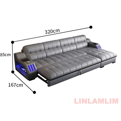 Modern Sectional Sofa Bed with LED Light, Electric Recliner and Massage | Living Room Genuine Leather Couch with Cup Holder, USB