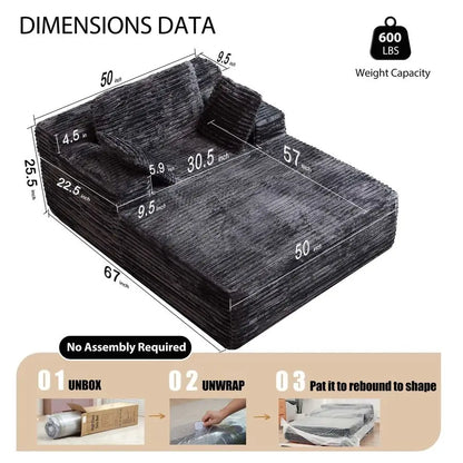 Sofa Bed with Side Pocket, 67 Oversized Corduroy Couch, Reading Chaise Lounge, Deep Seat Boneless Couches for Living Room, No A