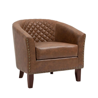 Faux Leather Barrel Accent Chairs Set of 2, Round Club Chair Modern Upholstered Armchair for Living Room, Comfy Nailed Trim Arm