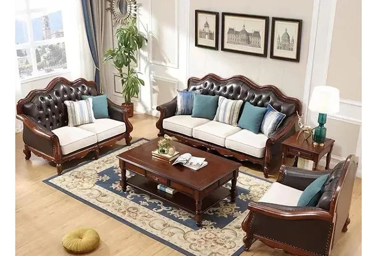 4*American all-solid wood leather sofa European double triple retro modern simple