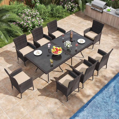 10 Piece Patio Dining Set All-Weather Wicker Outdoor Patio Furniture Set w/Tempered Glass Tabletop, Removable Cushions and Umbre