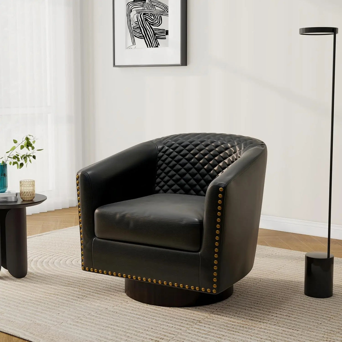 Pia Ricco Faux Leather Barrel Accent Chair, Modern Club Arm Chair Comfy Upholstered Single Sofa Chair with Solid Wood Legs and N