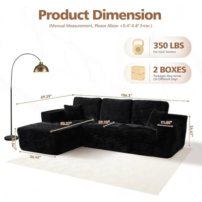 Stylish 104" cloud sectional couch with comfy chaise, boneless l shape sofa with deep seat, minimalist modular couches sleeper f