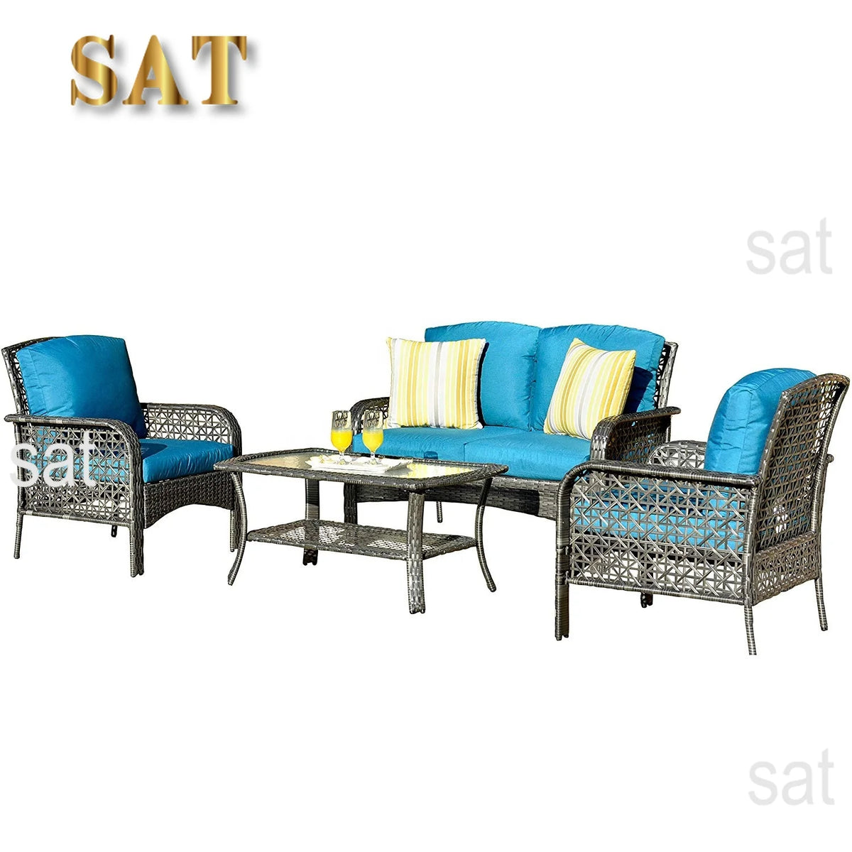 # New Arrival 4-Piece Rattan Patio Conversation Set With Blue Cushions