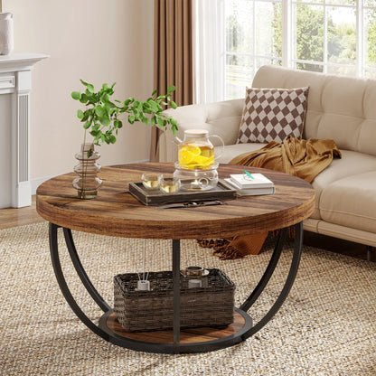 Tribesigns 31.7" Round Coffee Table, Industrial 2-Tier Circle Coffee Table with Storage Shelves, Modern Wooden Sofa Side Table