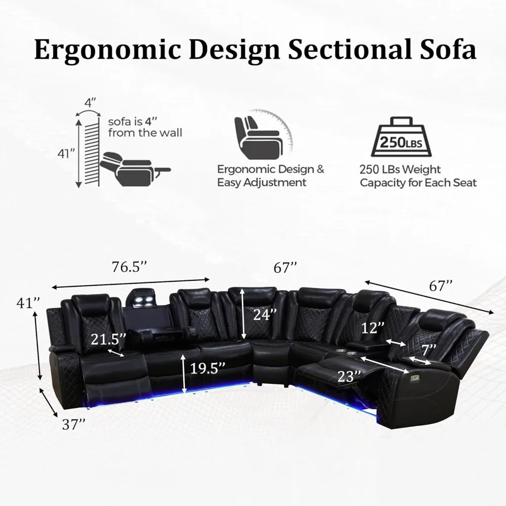 Power Recliner Sectional Sofa with LED Lights, USB Ports & Cup Holders - 6 Seater Living Room Set