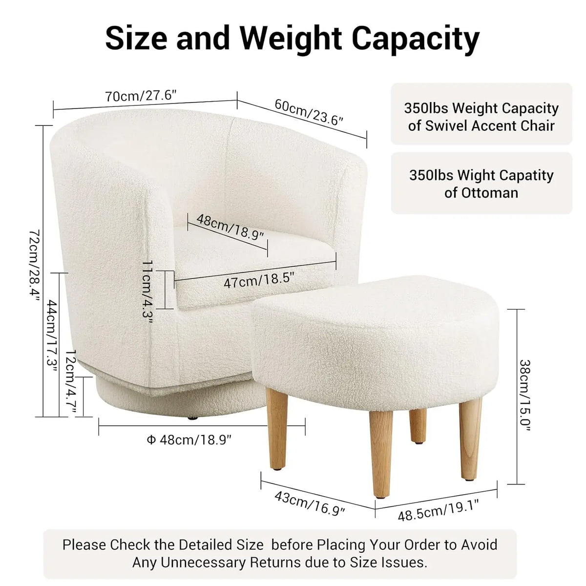 White Swivel Accent Chair with Ottoman, Modern Barrel Living Room Chair with 360° Swivel Base, Upholstered Armchair, Customized