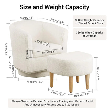 White Swivel Accent Chair with Ottoman, Modern Barrel Living Room Chair with 360° Swivel Base, Upholstered Armchair, Customized