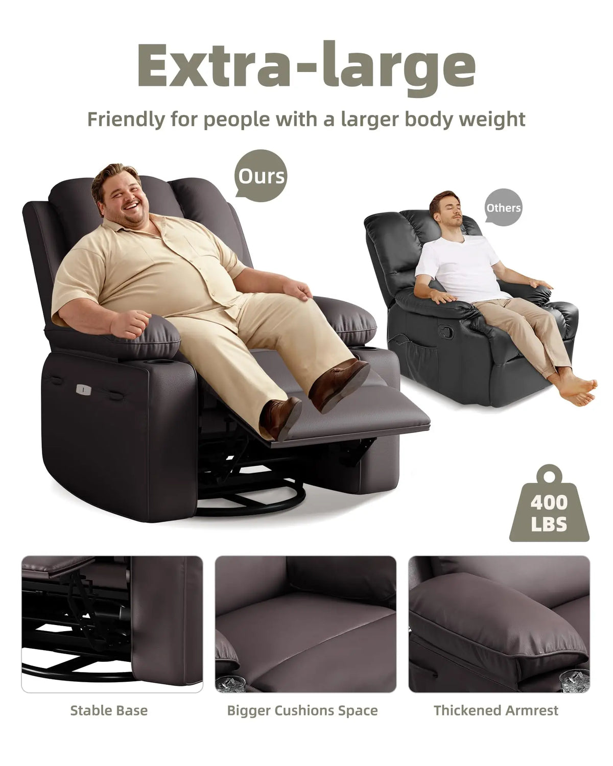 Oversized Recliner Chair With Massage and Heat Function, Adults Leather Single Sofa With Cup Holder For Living Room, Bedroom