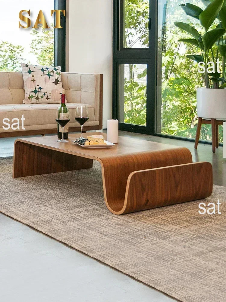 Living Room Simple Japanese N-shaped Curved Wood Tatami Solid Wood Coffee Table, Storage Large N-shaped Sofa Side Table