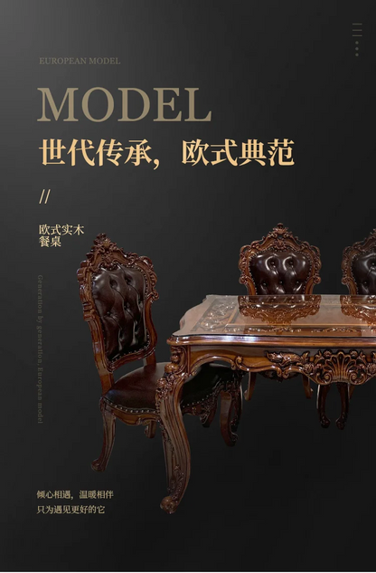 European-style all-solid wood dining table and chairs, living room, luxury villa home square table, French glass dining table