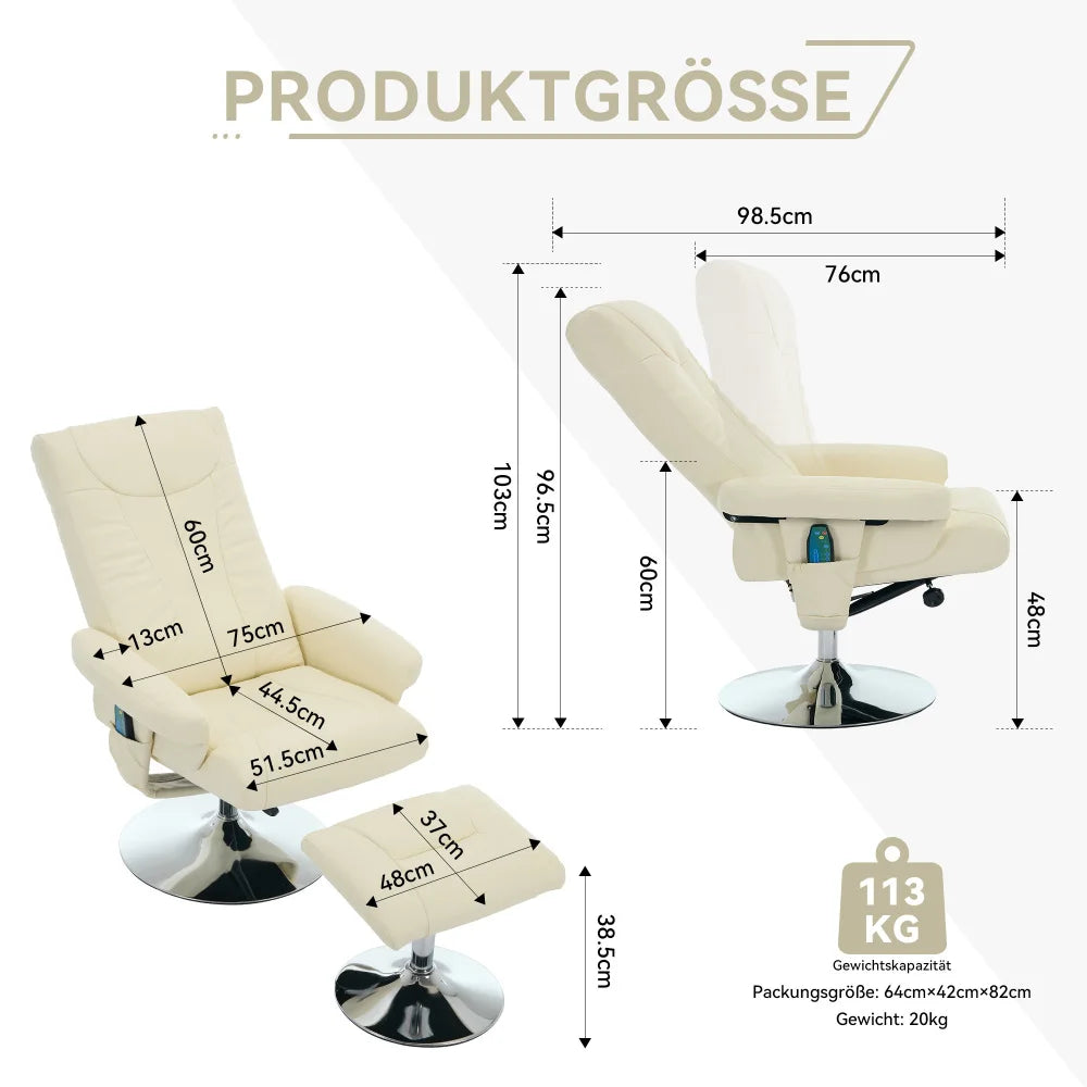 360° Swivel Relaxation Chair with Stool – Reclining Function, 5-Point Massage & Electric Heating, TV Lounge Chair for Comfort
