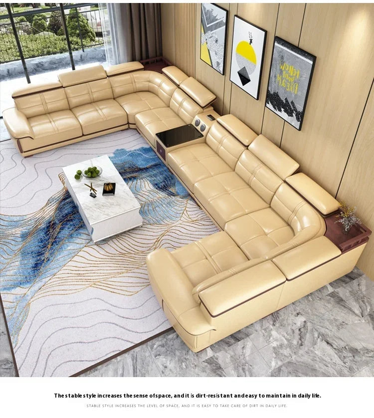 Modern Italian Genuine Leather Sofa for Living Room with Cup Holder, USB, Adjustable Headrests & Bluetooth Speaker - Linlamlim