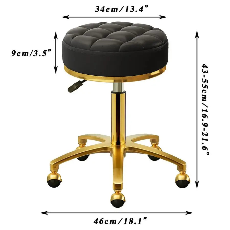 Rolling Stool Gold Vanity Stool with Wheels, Pedicure Massage Roller Stools, PU Leather Round Swivel Salon Spa Chair, Titanium