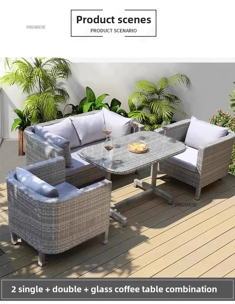 Nordic Outdoor Garden Sofas Leisure PE Rattan Garden Terrace Sofa Chair Set Courtyard Balcony Double Sofa Outdoor Furniture GG A