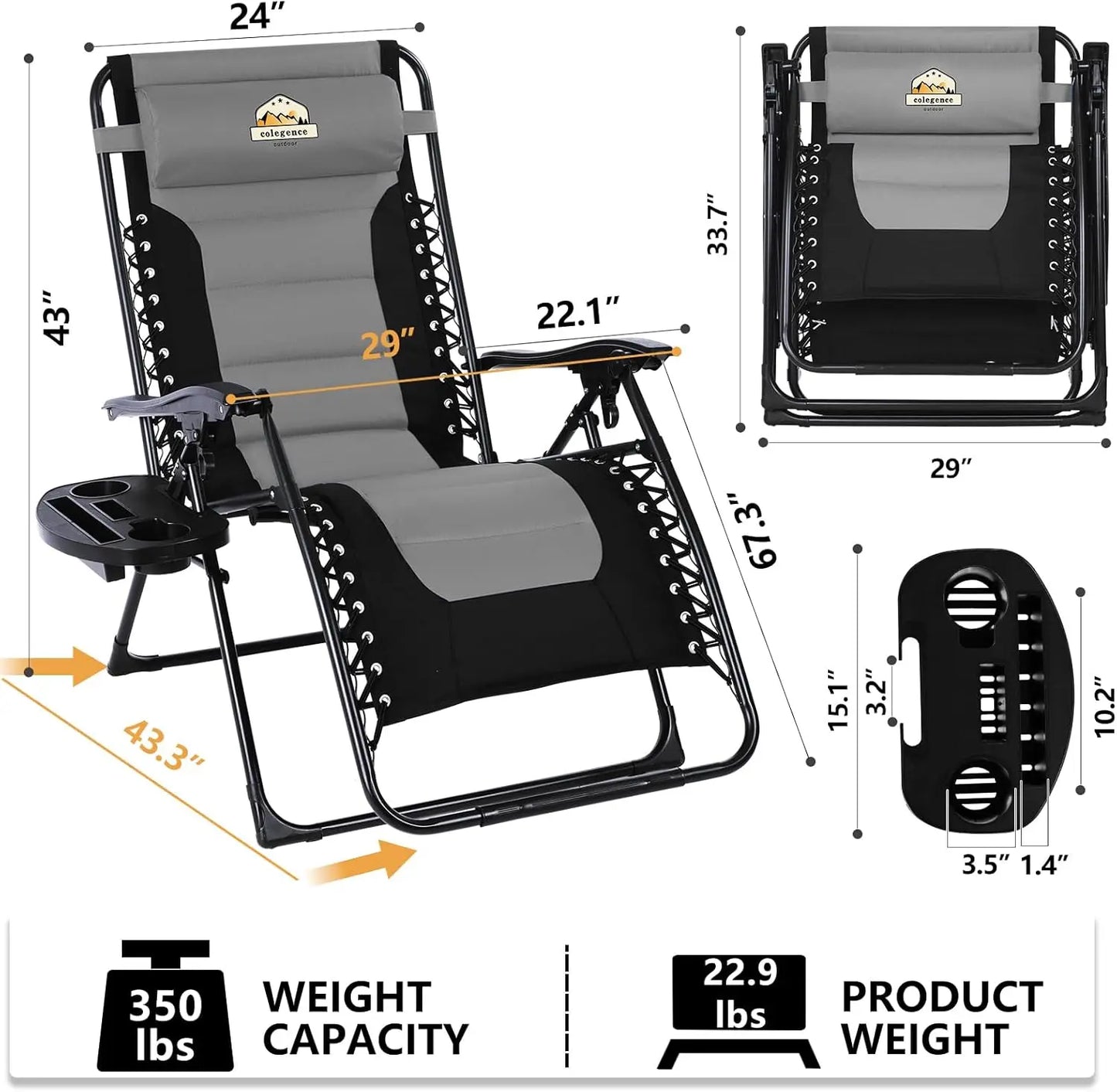 Oversized Padded Zero Gravity Lounge Chair, Foldable Patio Anti Gravity Reclining Chairs Folding Lawn Recliner Support 350 LBS