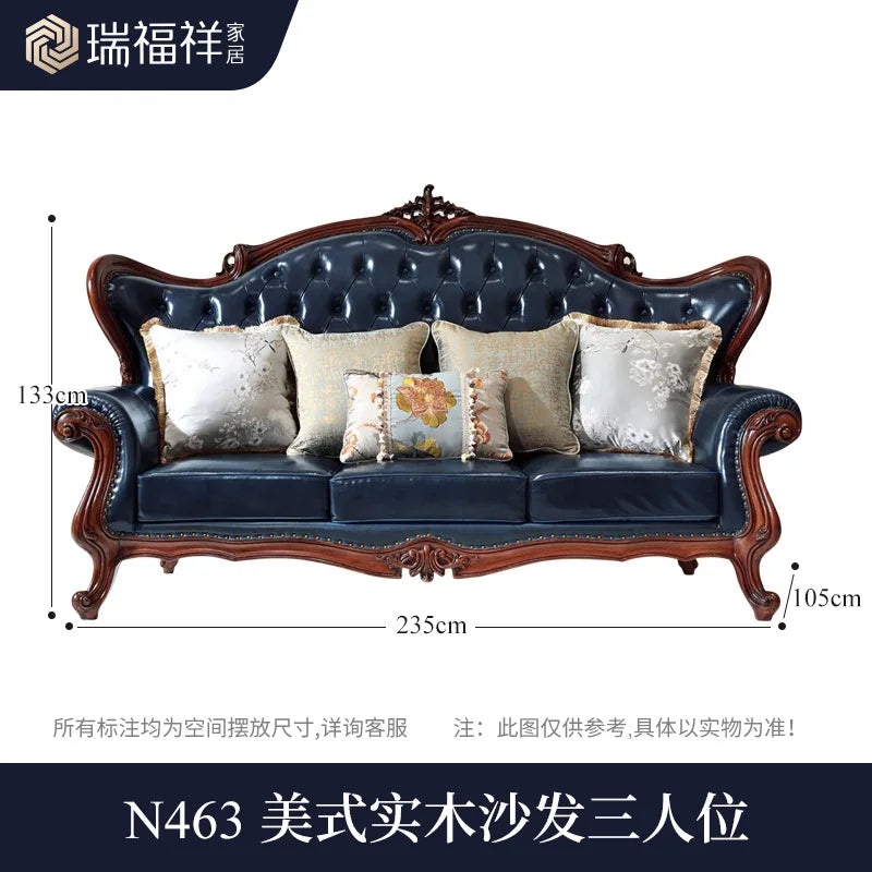American all-solid wood leather sofa combination living room furniture large apartment European style