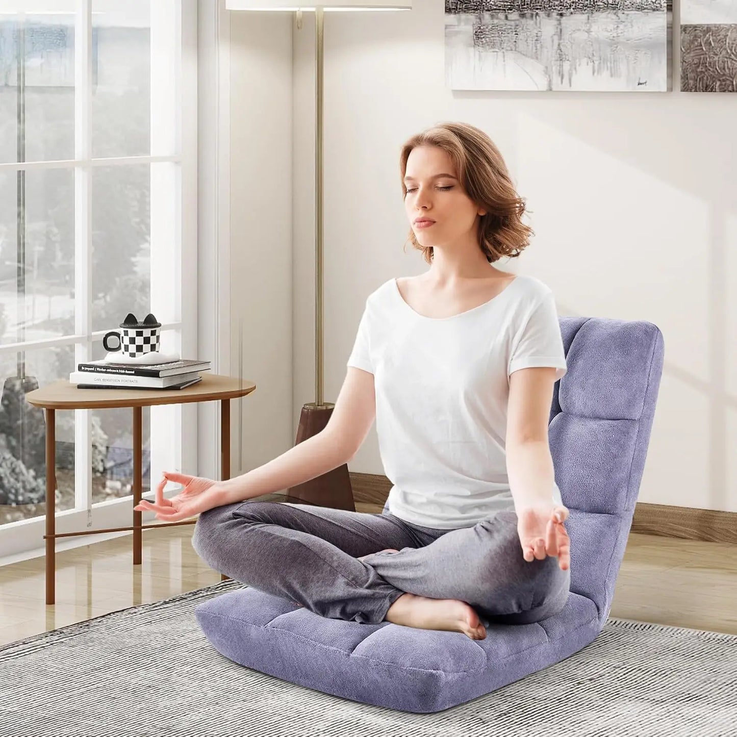 Folding Floor Chair with Back Support, Adjustable Backrest, Japanese Style for Reclining, Gaming Chair, Meditation, Light Gray
