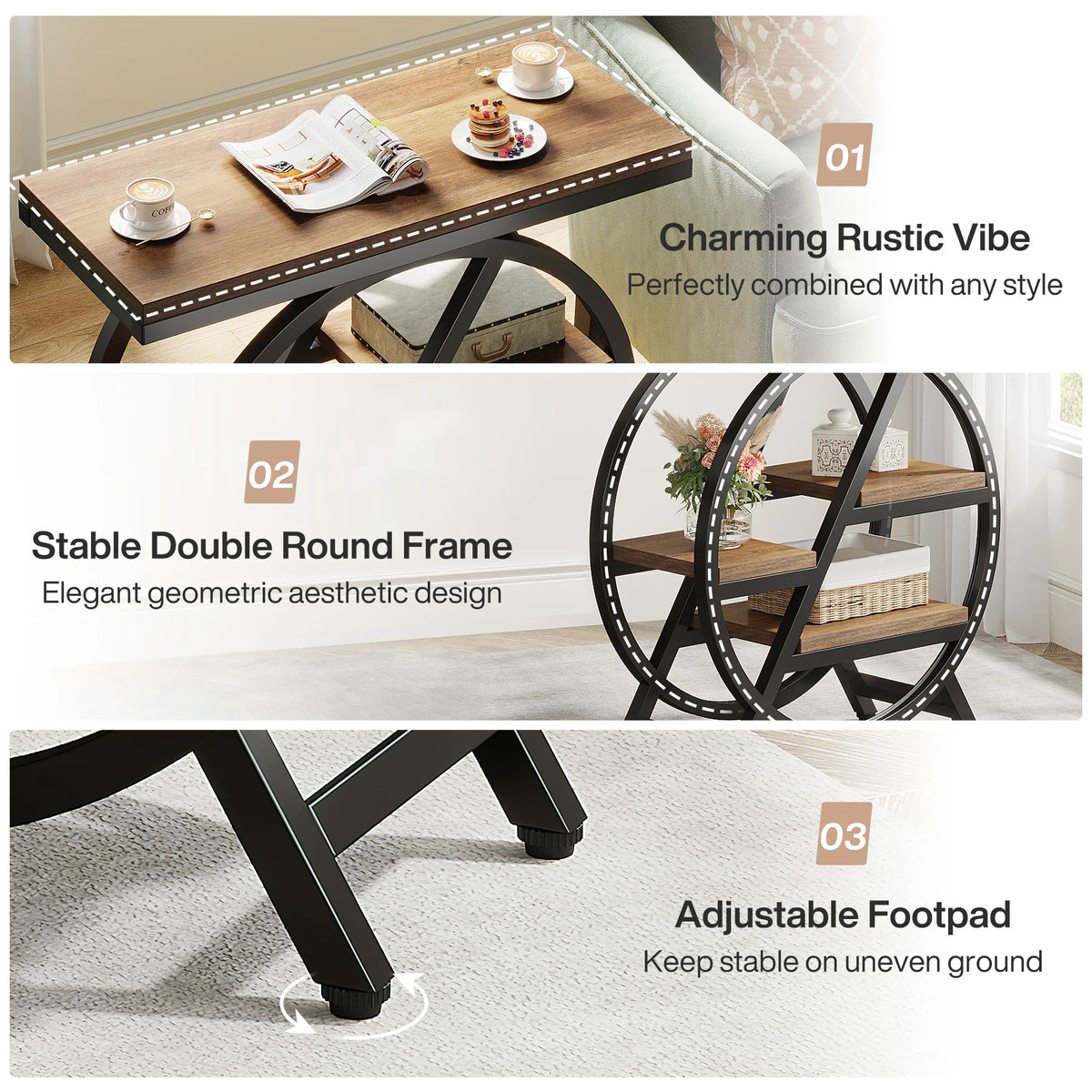 Tribesigns End Table for Living Room, 3-Tier Narrow Side Table with Storage, Wood Sofa Side Table with Geometric Metal Frame