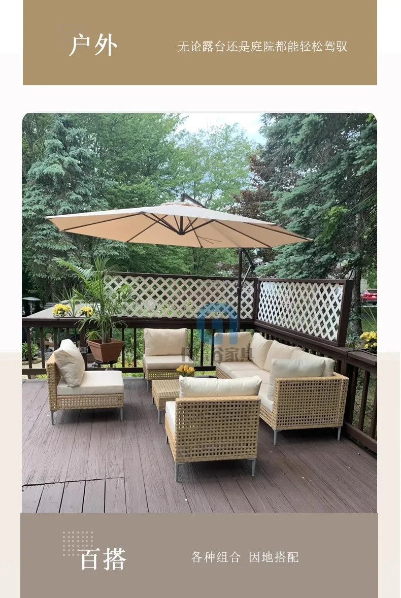XJC Outdoor Rattan Sofa Combination Bed And Breakfast Balcony Courtyard Outdoor Open-air Garden Sun Room Leisure Small