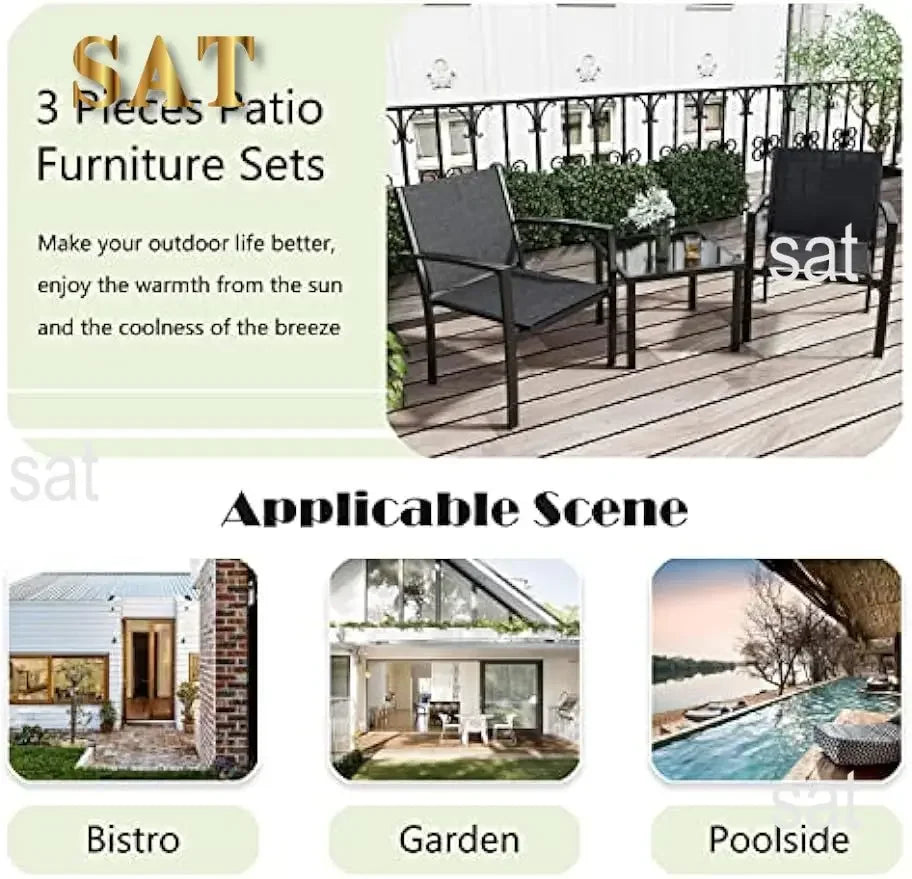 A Patio Furniture Set Outdoor Conversation Textilene Fabric Chairs for Lawn, Garden, Balcony, Poolside with A Glass Coffee Table