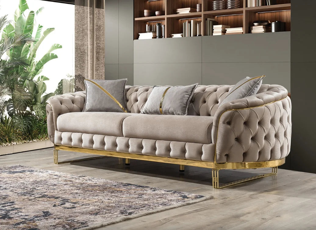 Luxury 2-3 Seater Chesterfield Sofa Hot Sales Gold Stainless Steel Frame Velvet Upholstery Sponge Filling for Hotel Home Use