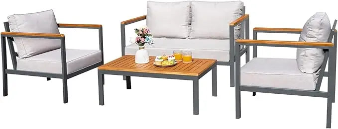 2025new-Solid Wood 4-Piece Patio Lounge Set with Waterproof Cushions and Durable Armrests