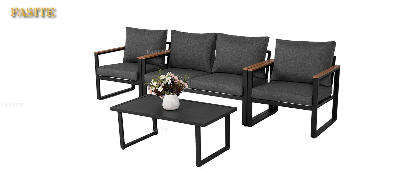 Patio Furniture Set, Metal Patio Conversation Sets with Removeble, High-Resiliency Sponge Cushions, Grey
