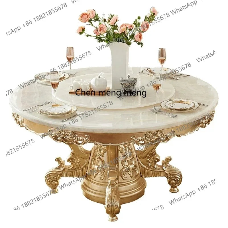 European white ice jade marble gold round dining table and chair combination European luxury solid wood dining table