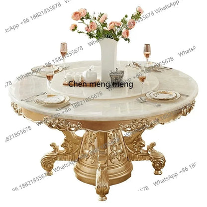 European white ice jade marble gold round dining table and chair combination European luxury solid wood dining table