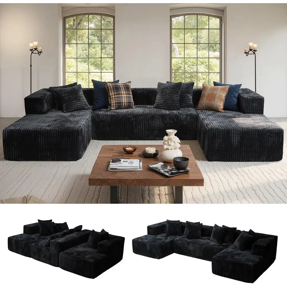 130 Black Bonded Leather Cloud Sofa with 2 Chaise Lounges, 4-in-1 Flexible Layered Foam Cushion, Deep Seating, No Assembly Neede