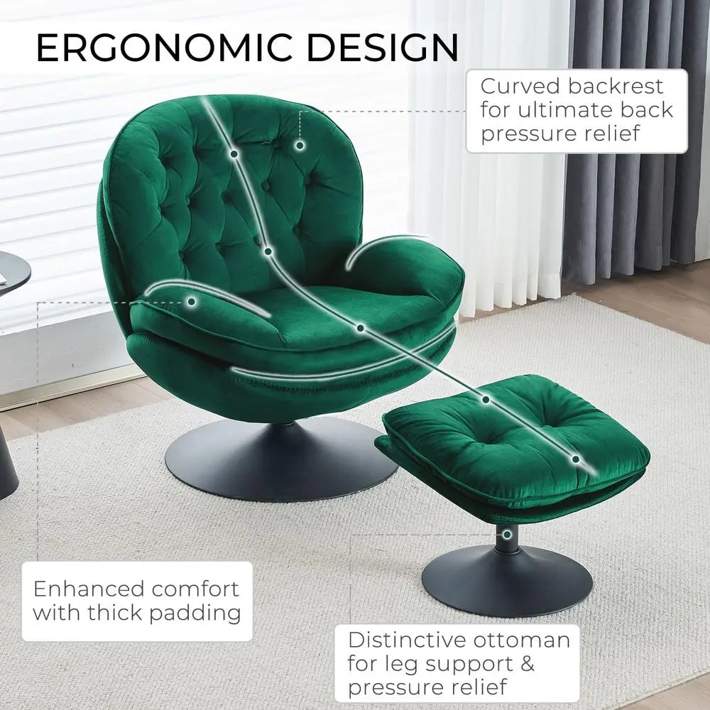 Green Velvet Swivel Chair and Ottoman Set for Living Room, Reading, TV Area, or Bedroom with 360-Degree Rotation